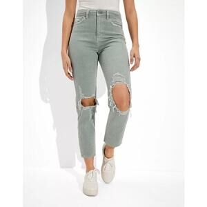 American Eagle Ripped Mom Jeans Size 16 Green Crop Straight High Rise Dusty Sage